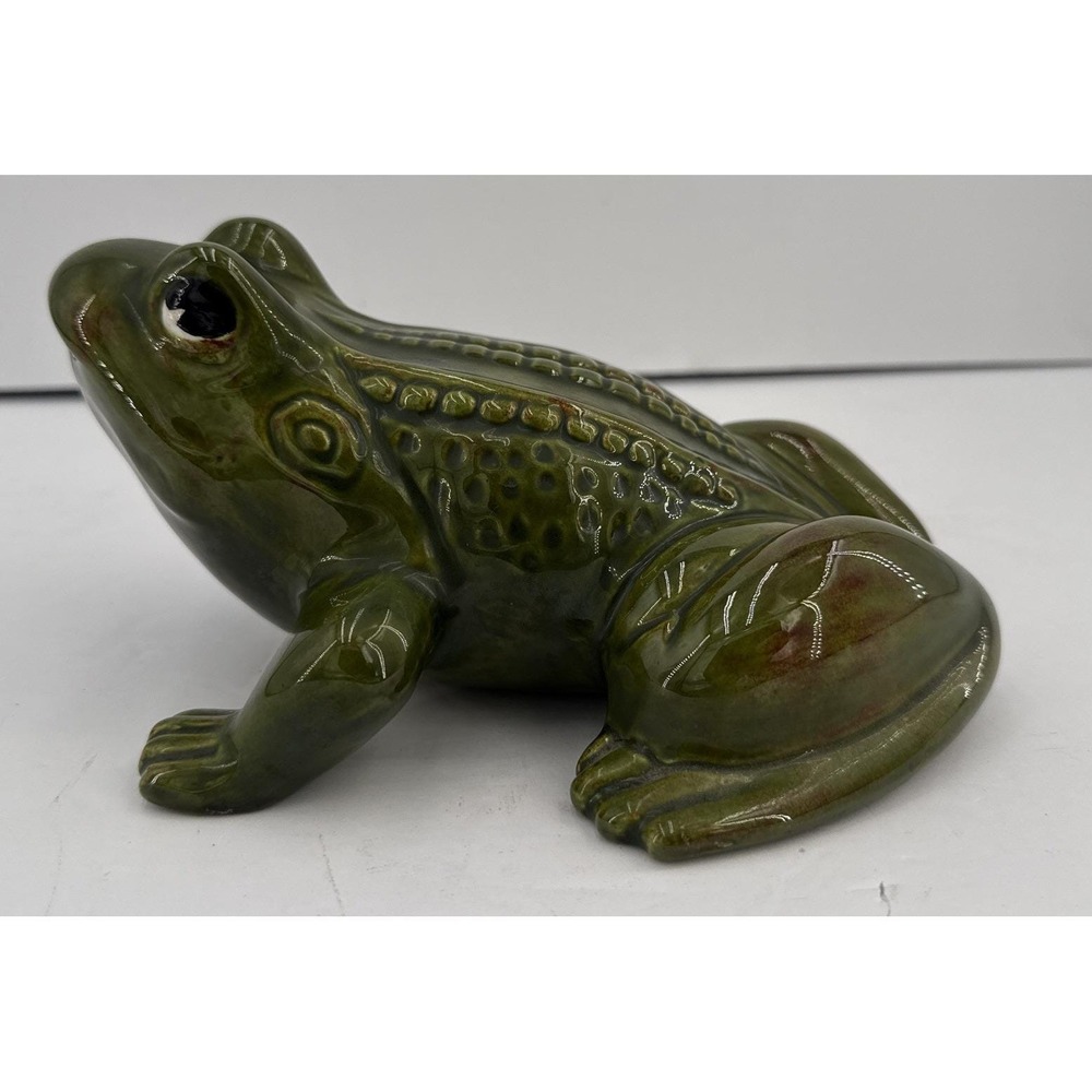 Vintage Large 1976 Green Ceramic Frog Figurine Retro Glazed Decor‎